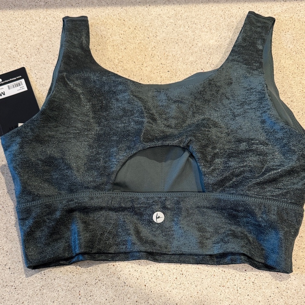 90 Degree By Reflex Emily Bra Crop Top Cut Out Back in Sage with Foil Lux Detail - Picture 5 of 7